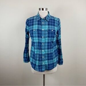 St. John's Bay Blue Plaid Collared Long Sleeve Button Down Shirt Top Women